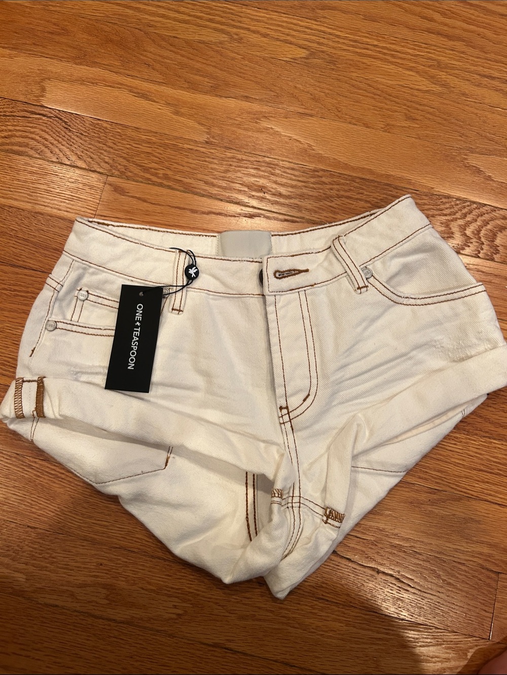 One Teaspoon White Denim Shorts with Brown Contrast Stitching